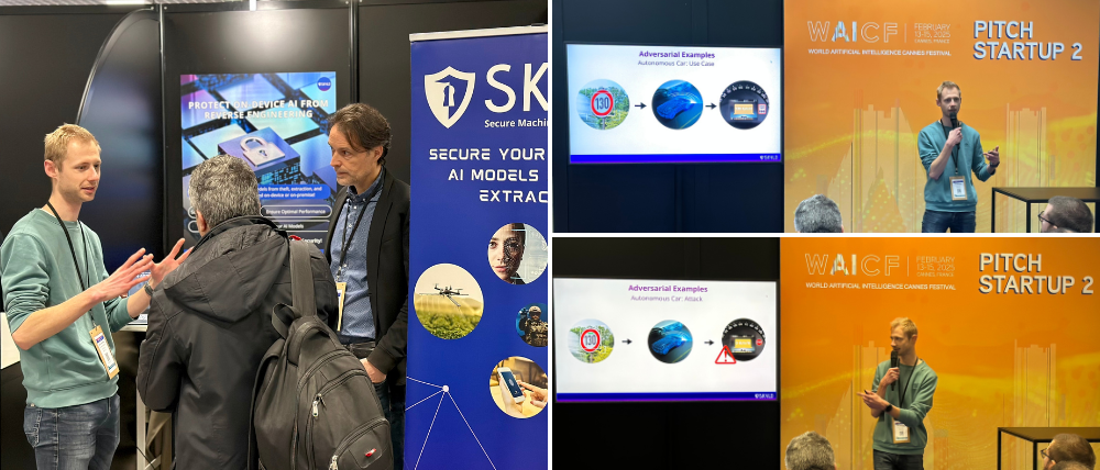 Photographies of Mathis Mauvisseau presenting the importance of securing AI models at the World AI Cannes Festival (WACIF)